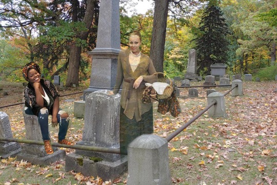 scene from Spoon River Anthology with a real actress and a hologram in a cemetery.
