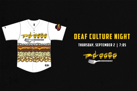 graphic reads Deaf Culture Night, Thursday, September 2, 7:05, with a pictture of a baseball jersey for the Rochester Plates.