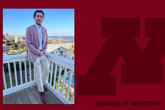 graphic with a photo of a person on a balcony on a red background.