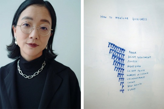 A diptych featuring a portrait of Christine Sun Kim on the left and a conceptual drawing on the right. In the left panel, Kim, an Asian woman with shoulder-length black hair, wears round glasses, a black turtleneck, a silver chain necklace, and silver earrings. She has a calm and confident expression. The right panel shows a whiteboard with handwritten text titled How to Measure Quietness, listing various states of silence alongside a descending pattern of the letter P in blue ink, symbolizing decreasin