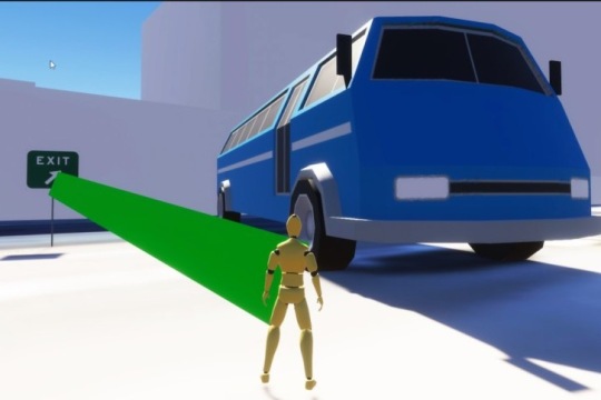 Animated image of test dummy looking at Exit sign while a bus drives by.