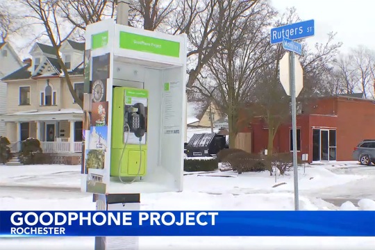 A photo of one of the GoodPhone installations, offering a full view of the free payphone that was unveiled. The phone is on the corner of Rutgers St. and Monroe Ave.