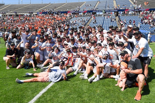 RIT men’s lacrosse celebrates after winning its second straight national championship on May 29. 