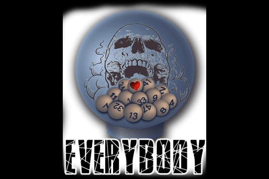 Poster that shows a blue circle with a skull and beige ping pong balls with numbers on them and the word "Everybody" written across the bottom.