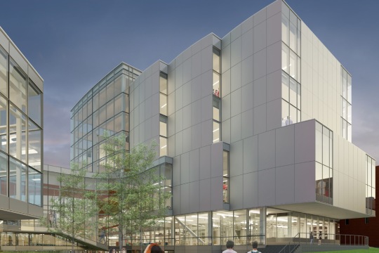 The architectural drawing of the Shed shows an eight-story glass window building with trees and students in the foreground.. 