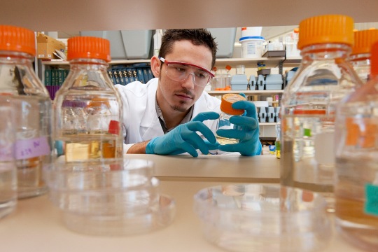 male scientist wearing red goggles, blue gloves, and a white lab coat examines a glass jar filled with liquid.