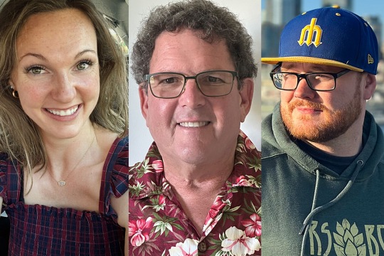 Three individuals in a collage. The first person on the left is smiling and wearing a plaid dress. The middle person is wearing glasses and a floral shirt, also smiling. The third person on the right is wearing glasses, a blue baseball cap, and a hoodie