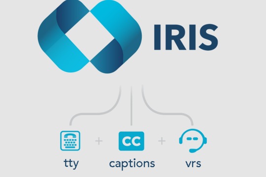 Large text and logo that reads "IRIS" with text and icons underneath "tty + captions + vrs, real-time connectivity at your fingertips."