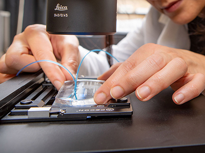 Human hands are shown putting a clear disk with blue wires extending from it on to a machine.