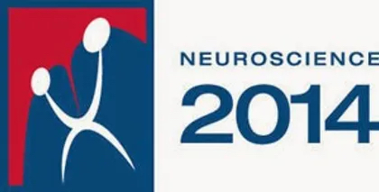 Left side with red and blue background with white stylized figures and right side with words Neuroscience 2014