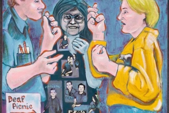 Drawing of two people speaking in sign language