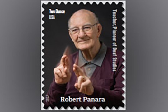 Portrait of Robert Panara on stamp