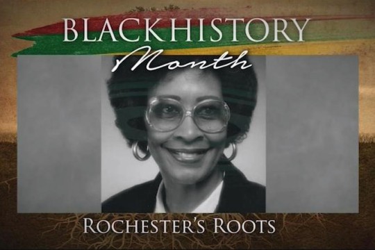 TV graphic with woman's image and the words: Black History Month: Rochester's Roots