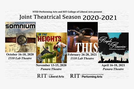 collage of posters for four theatrical performances.