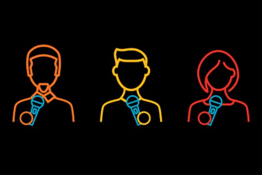 graphic with outlines of three people holding microphones.