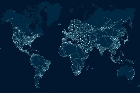 map of the world with cities connected by dots and lines.