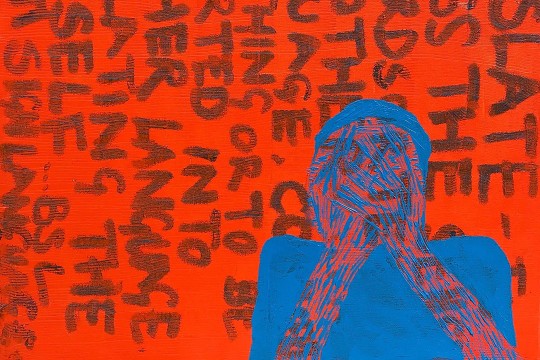 an oil-on-canvas painting featuring the profile of a person in blue and black writing on a red background surrounding it.