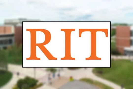 the RIT logo appears over the background of an image of campus.