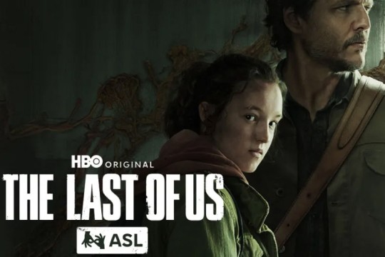 "Promotional poster for HBO's 'The Last of Us,' featuring two main characters, a young girl and a man, standing back-to-back with serious expressions against a dark, fungal-infested background. The text includes 'HBO Original,' the show's title, and an 'ASL' logo indicating American Sign Language accessibility.
