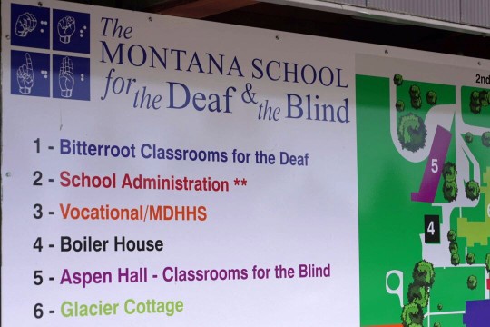 a wayfinding board with a map is shown at Montana's School for the Deaf and Blind