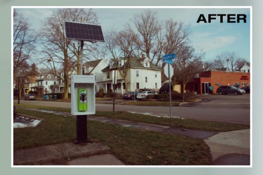 A photo that shows one of the newly installed Good Phones on the corner of Rutgers Street and Monroe Avenue. The photo aesthetic looks older like it was taken on a film camera. In the top right corner the word After is written, noting that this is what the location looks like after the phone was installed.