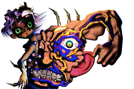 an illlustration of how artist Christine Sun Kim sees Wrath. Wrath is illustrated as grotesque humanoid monster with glowing green eyes, exposed teeth, clawed limbs, and a large eye embedded in its distorted torso.