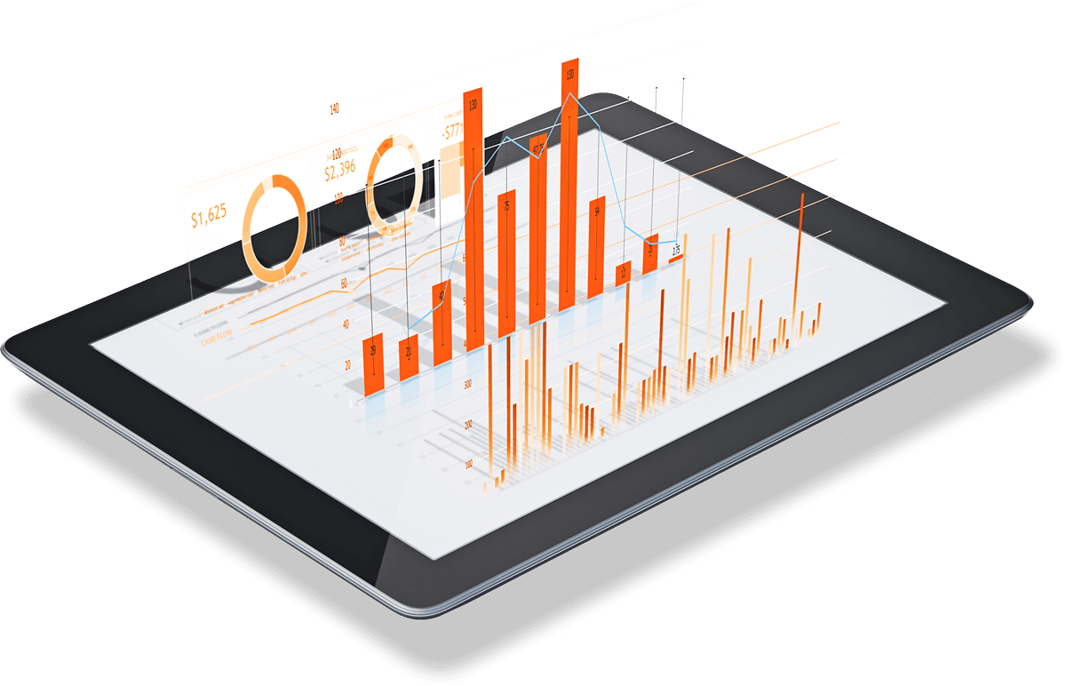 3D charts come out of the display of a tablet device.