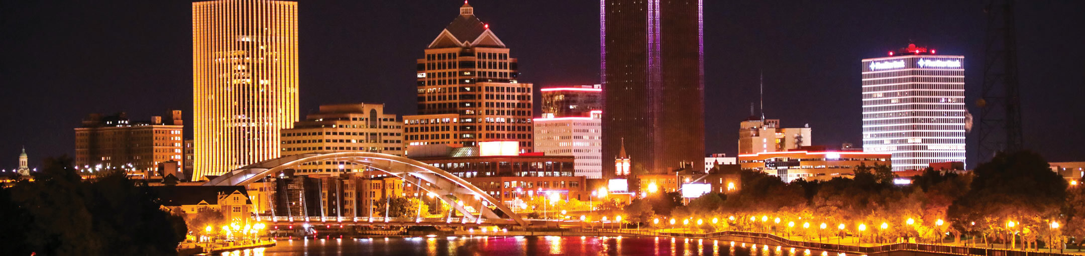 The Rochester skyline at night.