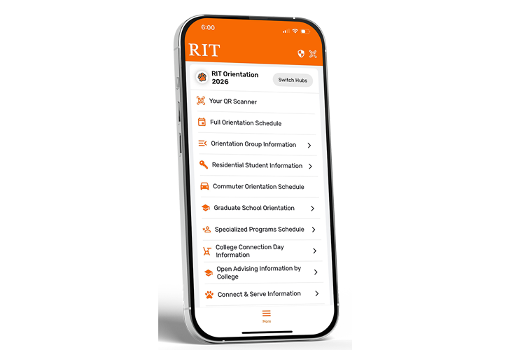 Screenshot of the RIT Mobile App's Orientation hub, showing schedule information, Orientation resources, and student program details.