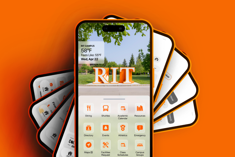 RIT Mobile app appears on a phone in front of an orange background