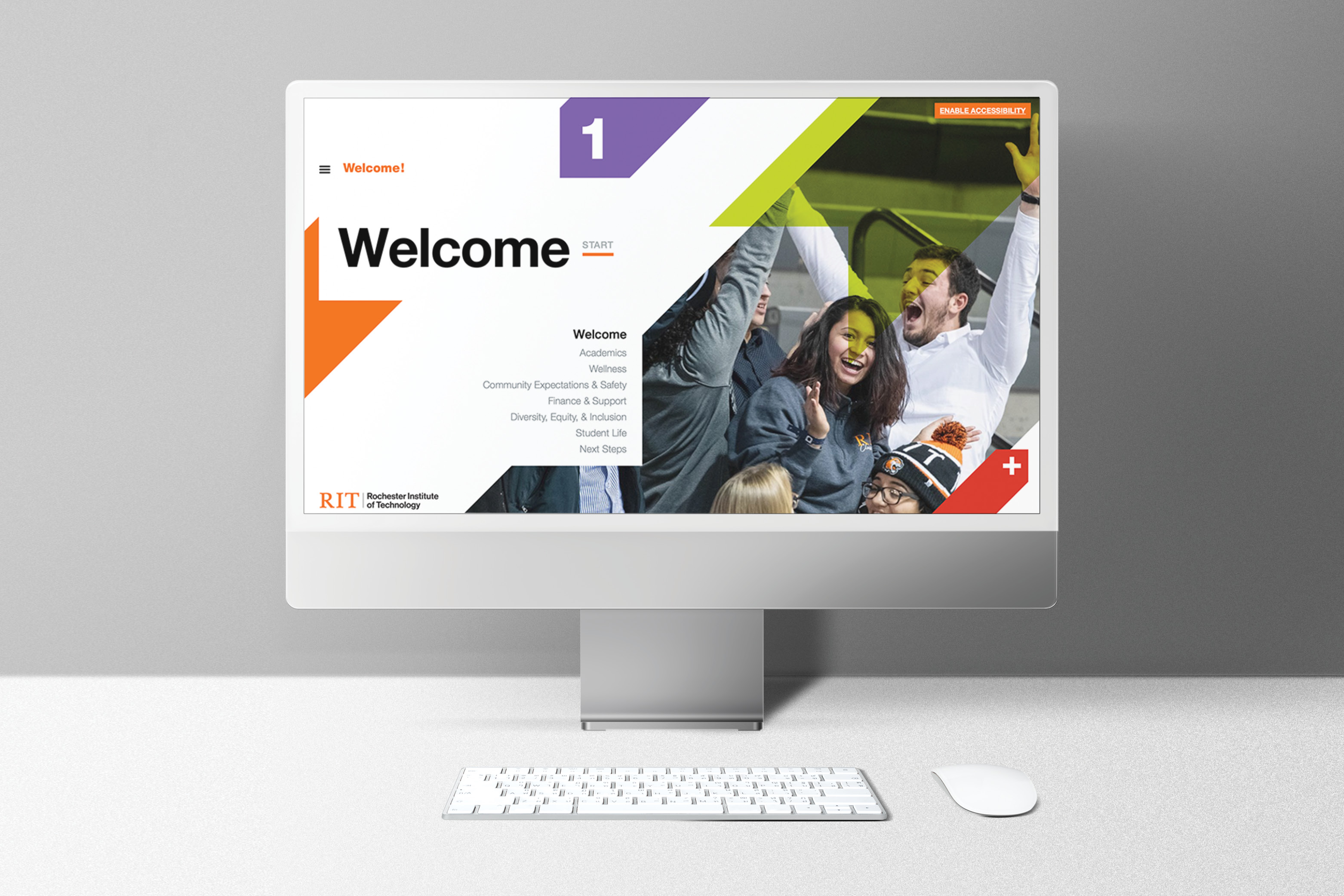 RIT Virtual Orientation appears on a computer screen in front of a grey background