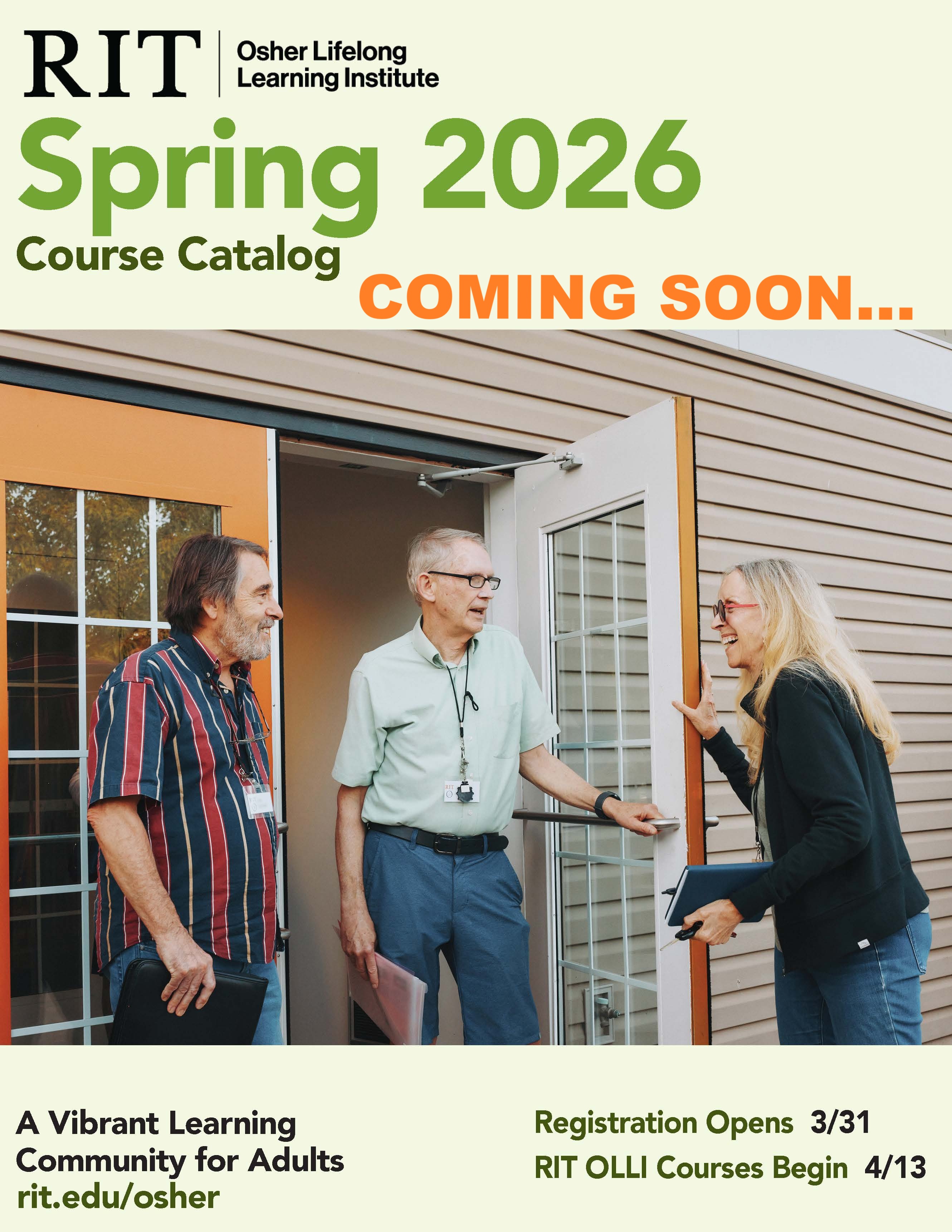 Spring catalog cover with 3 OLLI members at the entrance to our building