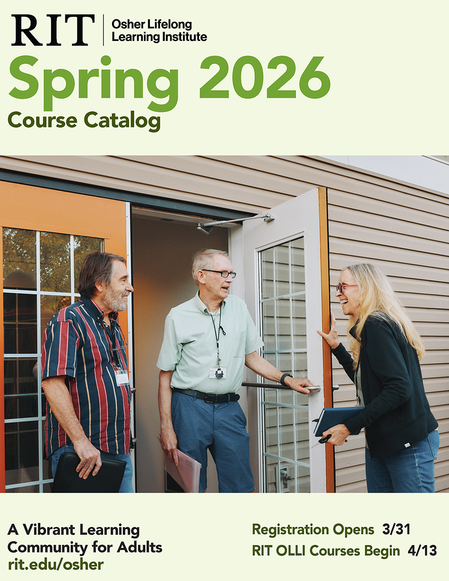 OLLI Spring 2026 Catalog Cover with 3 members standing at the entrance to the OLLI building