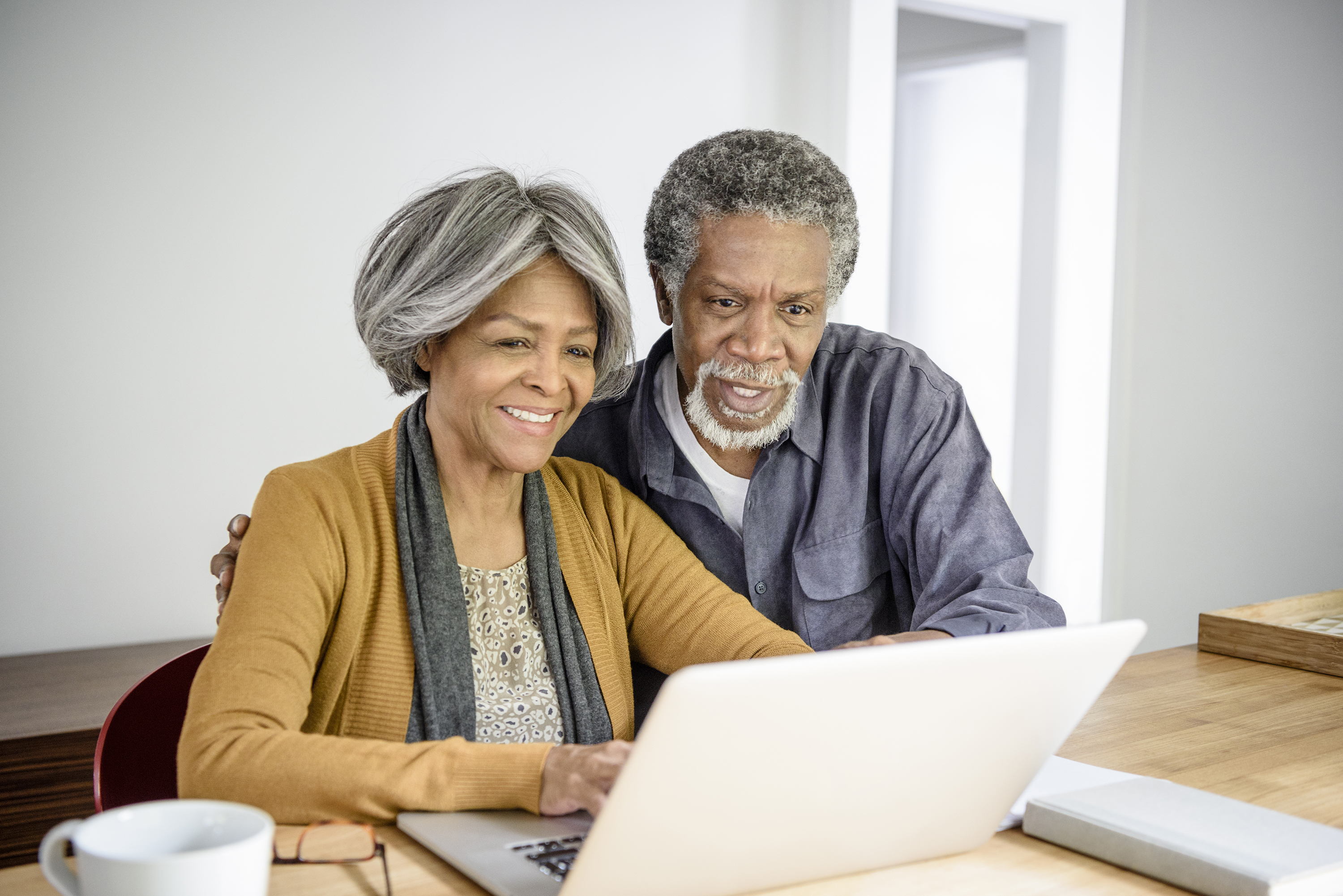 Two seniors looking at a laptop together.