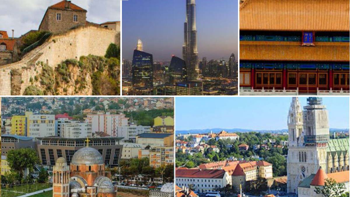 A collage showing Kosovo, Croatia, Dubrovnik, Dubai, and China.