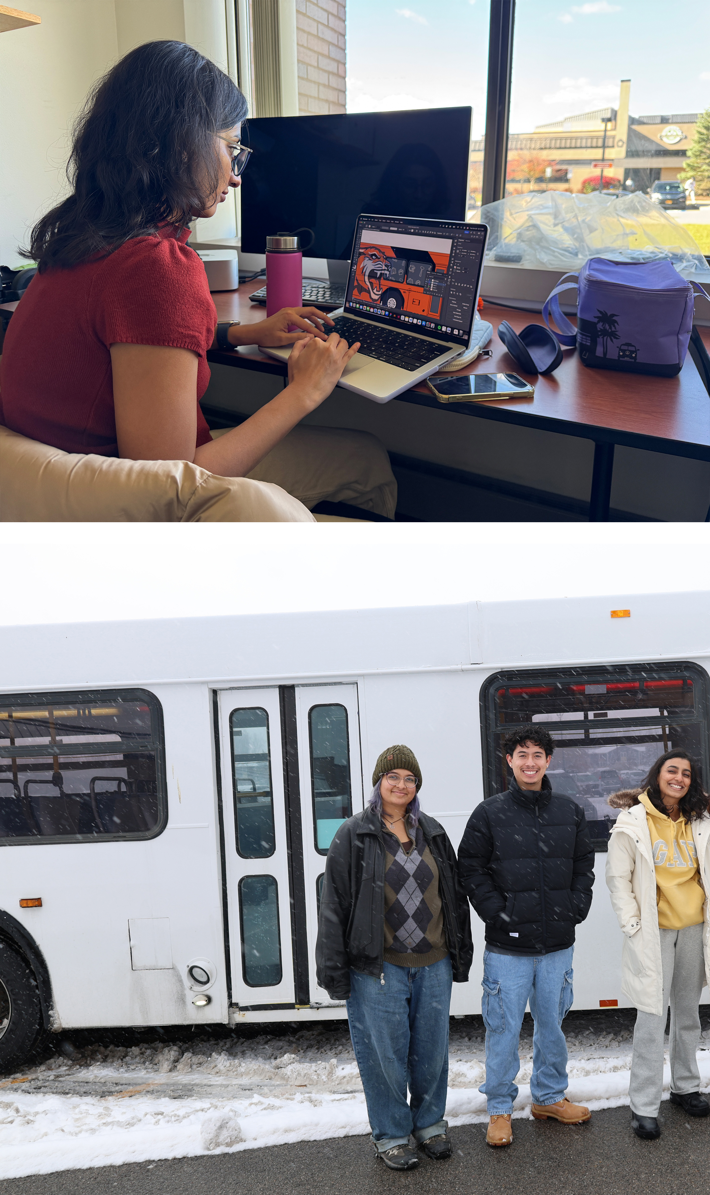 Photo of student working on computer and photo of three students in front of bus