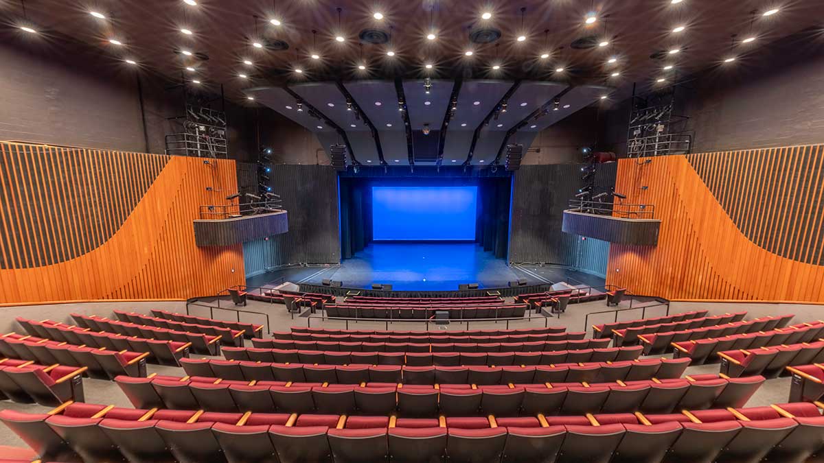 A view of the stage in the Robert F. Panara Theatre from a seat in the audience.