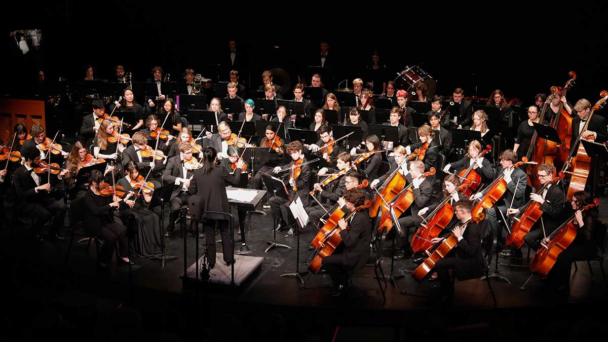 an orchestra being led by a conductor.