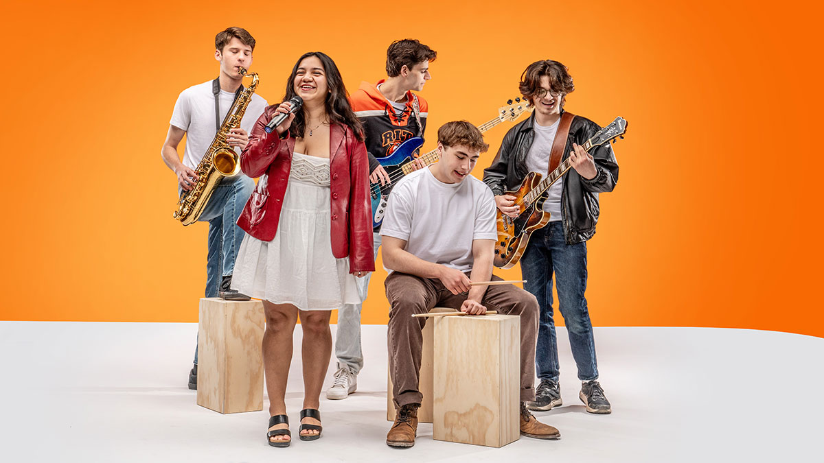 a collection of students singing and playing different instruments.