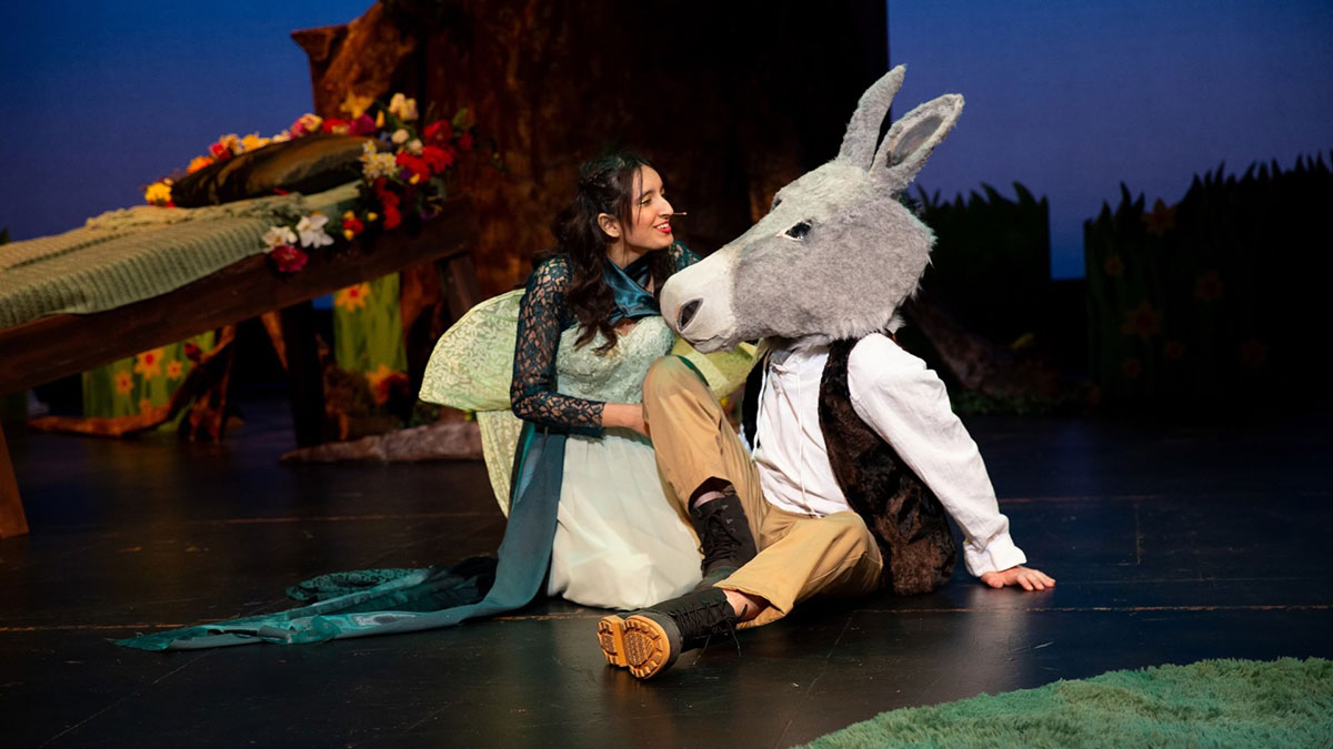 a performance on stage, where a woman is talking to an actor wearing a donkey head.