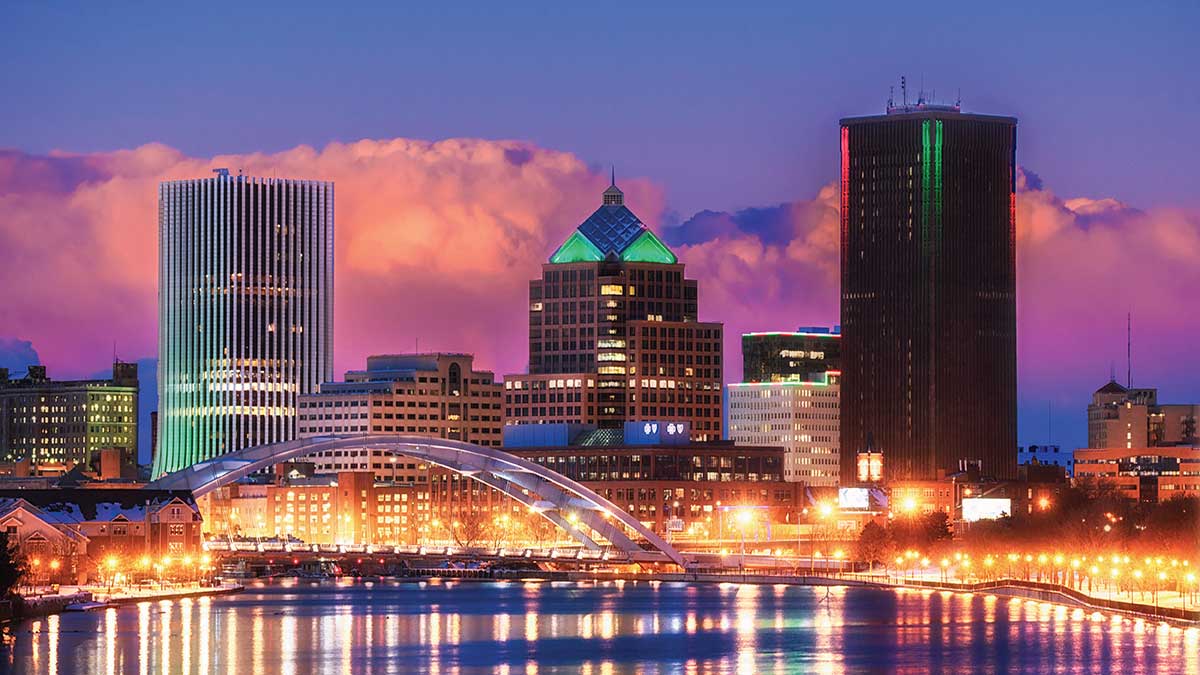 Rochester City skyline at dusk.