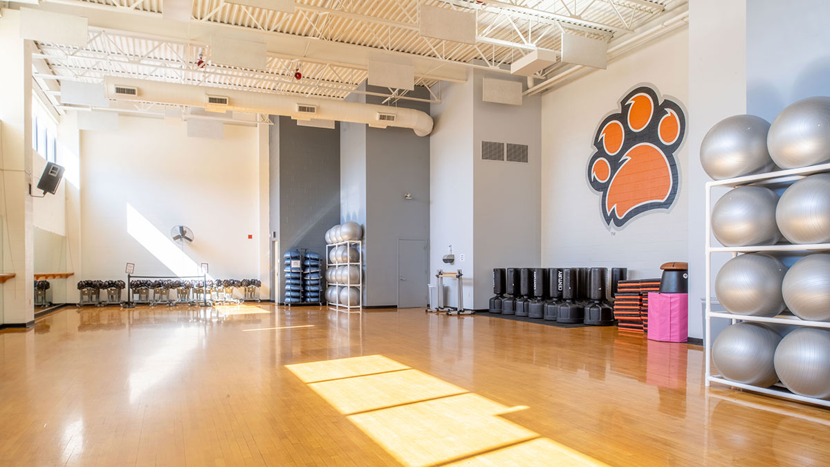 a large workout space with rows of hand weights, mats, and exercise balls.