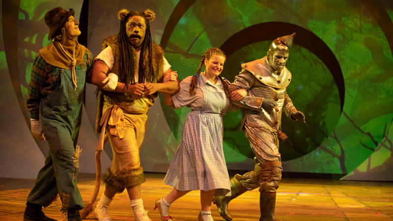 Four RIT actors playing the parts of the Scarecrow, the Lion, Dorothy, and the Tin Man from a production of The Wizard of Oz.