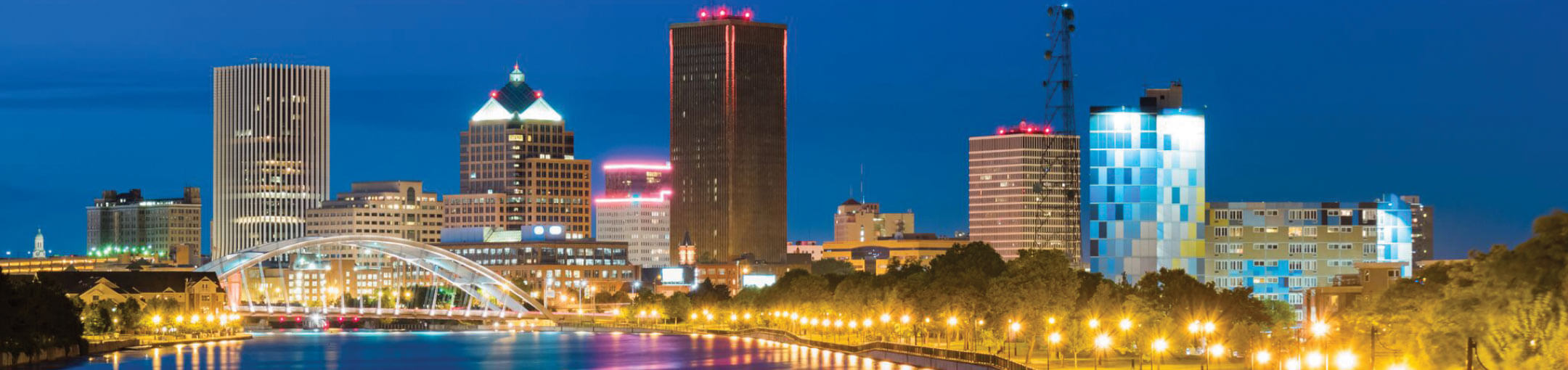 A view of the Rochester City skyline at dusk.