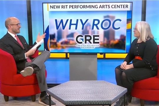 Erica Haskell, director of RIT’s School of Performing Arts, speaking during a GRE Why Roc TV interview about the new RIT Performing Arts Center.