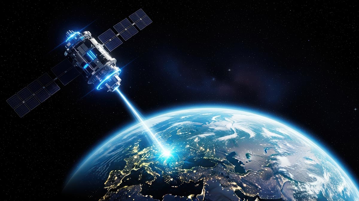 a satellite in space beaming down to Earth.
