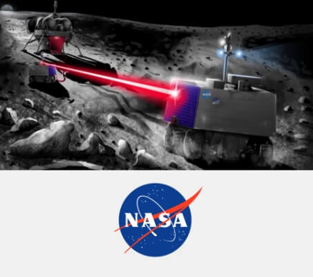A mockup of a two rovers on the moon, using a high efficiency lasers to communicate.