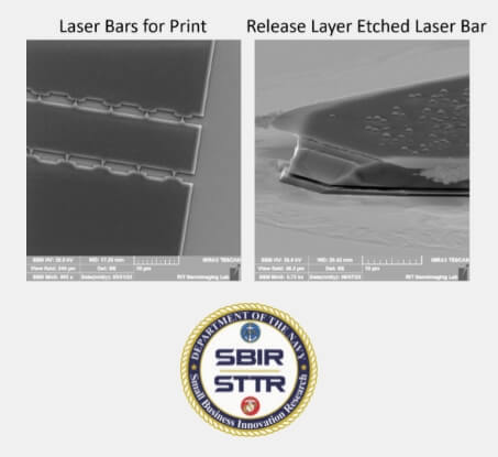 Closeups of laser bars for print and a release layer etched laser bar.