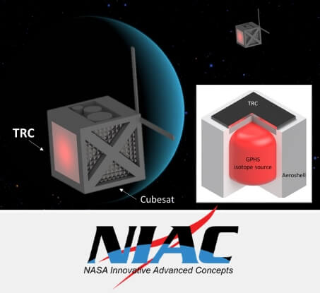 A mockup and diagram of a cubesat using an RTG.