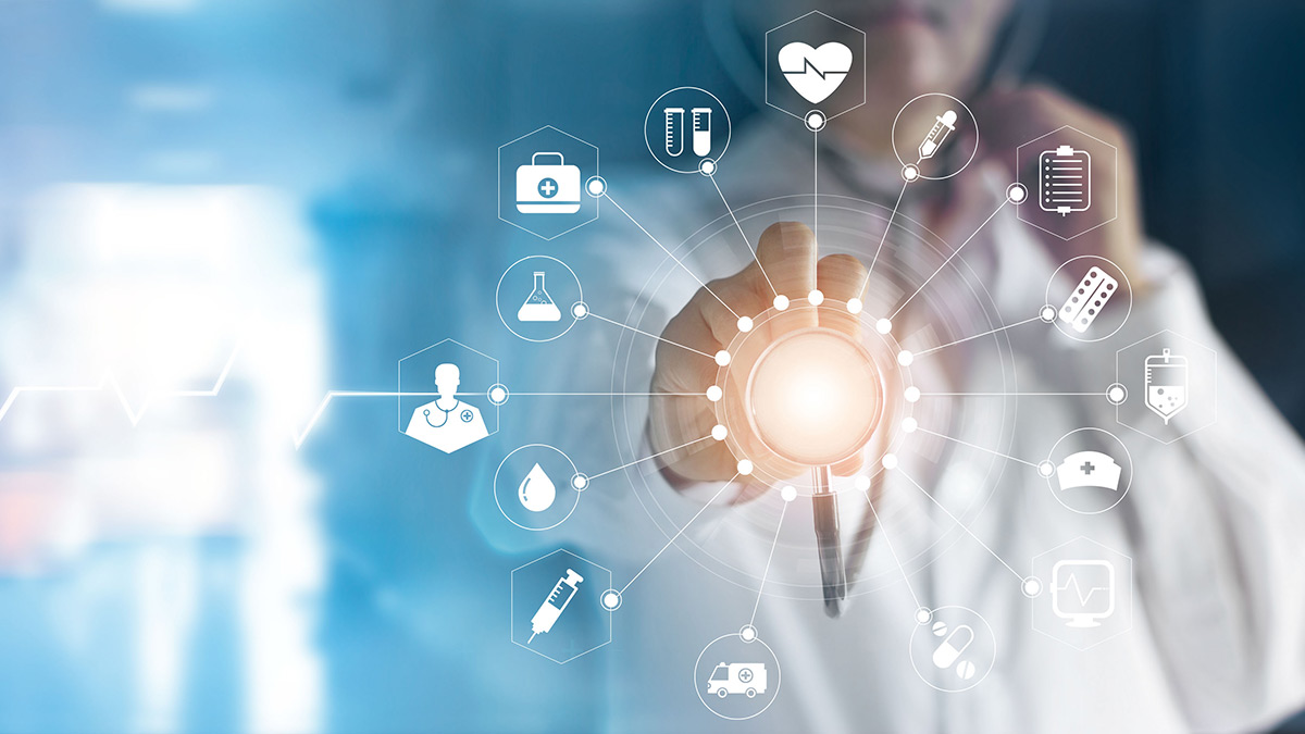 Doctor with stethoscope in hand touching icons representing health care, emergency services, research, and technology.
